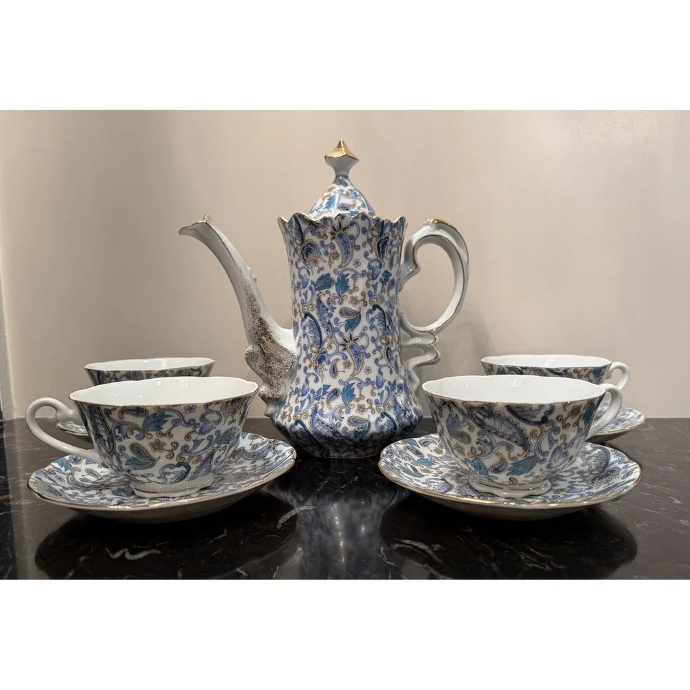 Vintage Blue Paisley By Lefton Cups And Saucers & Teapot For Four